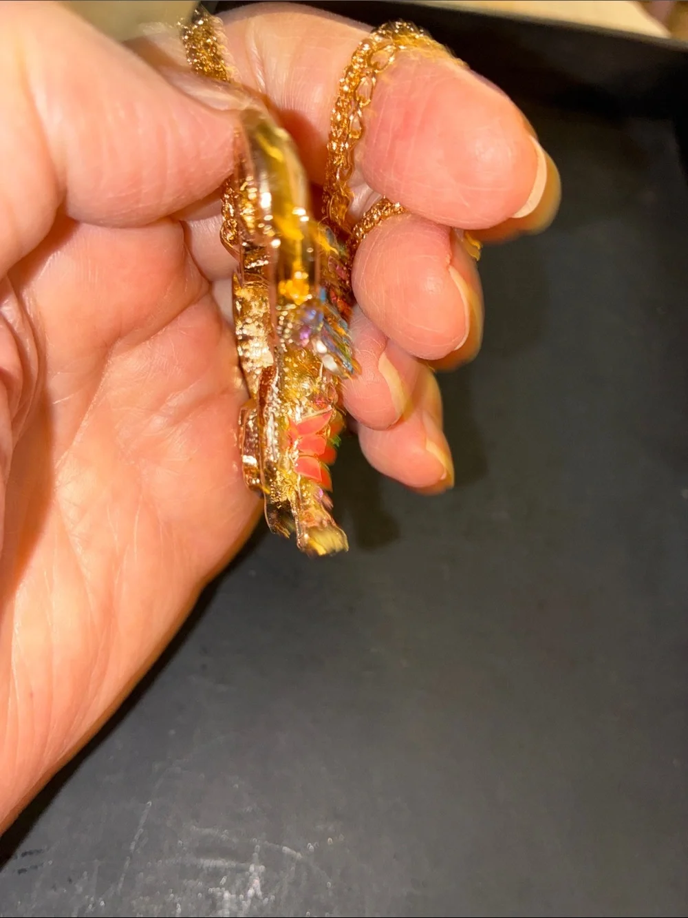 Multicolor Elephant Pendant Necklace - Floral Crystal Accent and Gold Tones